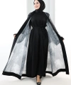 Desenli Abaya Elbise Üçlü Takım 7087 Siyah