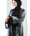 Desenli Abaya Elbise Üçlü Takım 7087 Siyah
