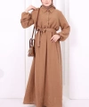 Düğme Detaylı Elbise 6097 Taba