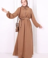 Düğme Detaylı Elbise 6097 Taba