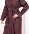 Düğmeli Denim Elbise 7070 Bordo