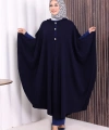 Düğmeli Kapşonlu Triko Panço 18342 Lacivert