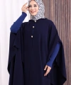 Düğmeli Kapşonlu Triko Panço 18342 Lacivert