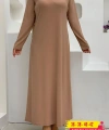 Düz Bisklet Yaka Uzun Kol İç Sandy Elbise 3202 Taba