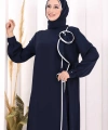 Gül ve Şerit Detaylı Elbise Şal Hediyeli 6065 Lacivert