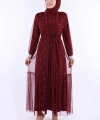 İncili Abaya Ve Elbise Takım 8491 Bordo