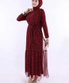 İncili Abaya Ve Elbise Takım 8491 Bordo