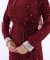 İncili Abaya Ve Elbise Takım 8491 Bordo