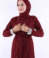İncili Abaya Ve Elbise Takım 8491 Bordo
