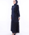 İncili Abaya Ve Elbise Takım 8491 Lacivert