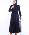 İncili Abaya Ve Elbise Takım 8491 Lacivert