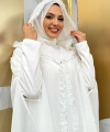 Kapişonlu Abayalı Elbise Takım 3778 Ekru