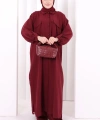 Keten Düğmeli Tunik Pantolon Takım 8015 Bordo