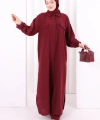 Keten Düğmeli Tunik Pantolon Takım 8015 Bordo