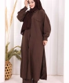 Keten Düğmeli Tunik Pantolon Takım 8015 Kahverengi