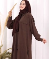 Keten Düğmeli Tunik Pantolon Takım 8015 Kahverengi