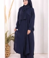 Keten Düğmeli Tunik Pantolon Takım 8015 Lacivert
