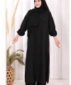 Keten Düğmeli Tunik Pantolon Takım 8015 Siyah