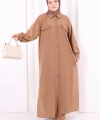 Keten Düğmeli Tunik Pantolon Takım 8015 Taba
