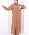 Keten Düğmeli Tunik Pantolon Takım 8015 Taba
