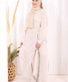 Keten Düğmeli Tunik Pantolon Takım 8015 Taş