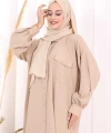 Keten Düğmeli Tunik Pantolon Takım 8015 Vizon