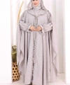 Keten Pelerinli Elbise Abaya Takım 8021 Açık Gri