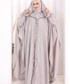 Keten Pelerinli Elbise Abaya Takım 8021 Açık Gri