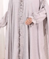 Keten Pelerinli Elbise Abaya Takım 8021 Açık Gri