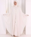 Keten Pelerinli Elbise Abaya Takım 8021 Ekru
