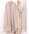 Keten Pelerinli Elbise Abaya Takım 8021 Vizon