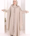 Keten Pelerinli Elbise Abaya Takım 8021 Vizon
