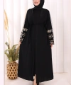 Kol İşlemeli Bel Kuşaklı Abaya 7814 Siyah
