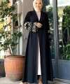 Kol İşlemeli Bel Kuşaklı Abaya 7814 Siyah