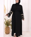 Kol İşlemeli Bel Kuşaklı Abaya 7814 Siyah