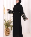 Kol İşlemeli Bel Kuşaklı Abaya 7814 Siyah
