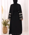 Kol İşlemeli Bel Kuşaklı Abaya 7814 Siyah