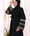 Kol İşlemeli Bel Kuşaklı Abaya 7814 Siyah