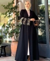 Kol İşlemeli Bel Kuşaklı Abaya 7814 Siyah