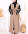 Kol İşlemeli Bel Kuşaklı Abaya 7814 Vizon