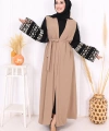 Kol İşlemeli Bel Kuşaklı Abaya 7814 Vizon