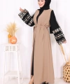 Kol İşlemeli Bel Kuşaklı Abaya 7814 Vizon
