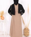 Kol İşlemeli Bel Kuşaklı Abaya 7814 Vizon