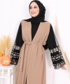 Kol İşlemeli Bel Kuşaklı Abaya 7814 Vizon