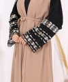 Kol İşlemeli Bel Kuşaklı Abaya 7814 Vizon