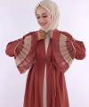 Kol ve Etek Ucu İki Renkli Bel Kuşaklı Piliseli Abaya 7454 Gül Kurusu