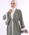 Kol ve Etek Ucu İki Renkli Bel Kuşaklı Piliseli Abaya 7454 Mint