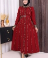 Leopar Biyeli Kemerli Elbise 3930 Bordo