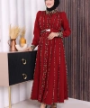 Leopar Biyeli Kemerli Elbise 3930 Bordo