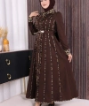 Leopar Biyeli Kemerli Elbise 3930 Kahverengi
